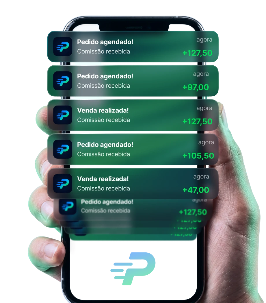 App PeguePay com notificações de comissão
